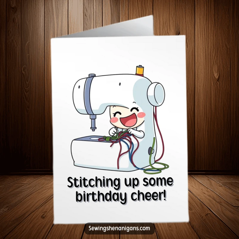 Funny Free Printable Birthday Card: Delighted sewing machine character joyfully stitching colorful threads, a perfect DIY gift.