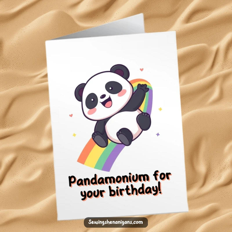 Funny Free Printable Birthday Card featuring a kawaii panda gleefully sliding down a bright rainbow, perfect for a joyful celebration.