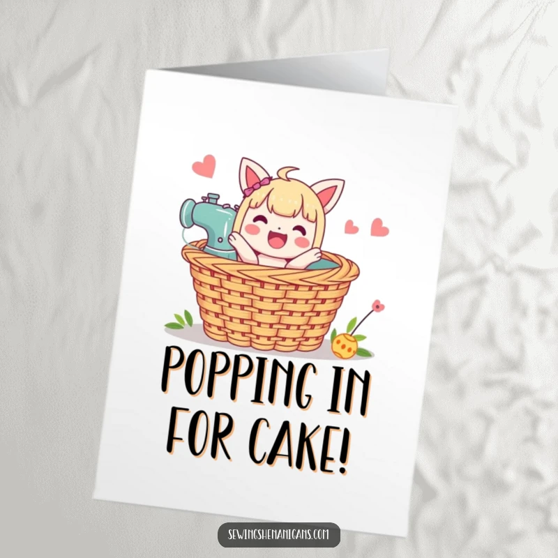 Funny Free Printable Birthday Card: Character joyfully emerging from a sewing basket, celebrating a crafty birthday.