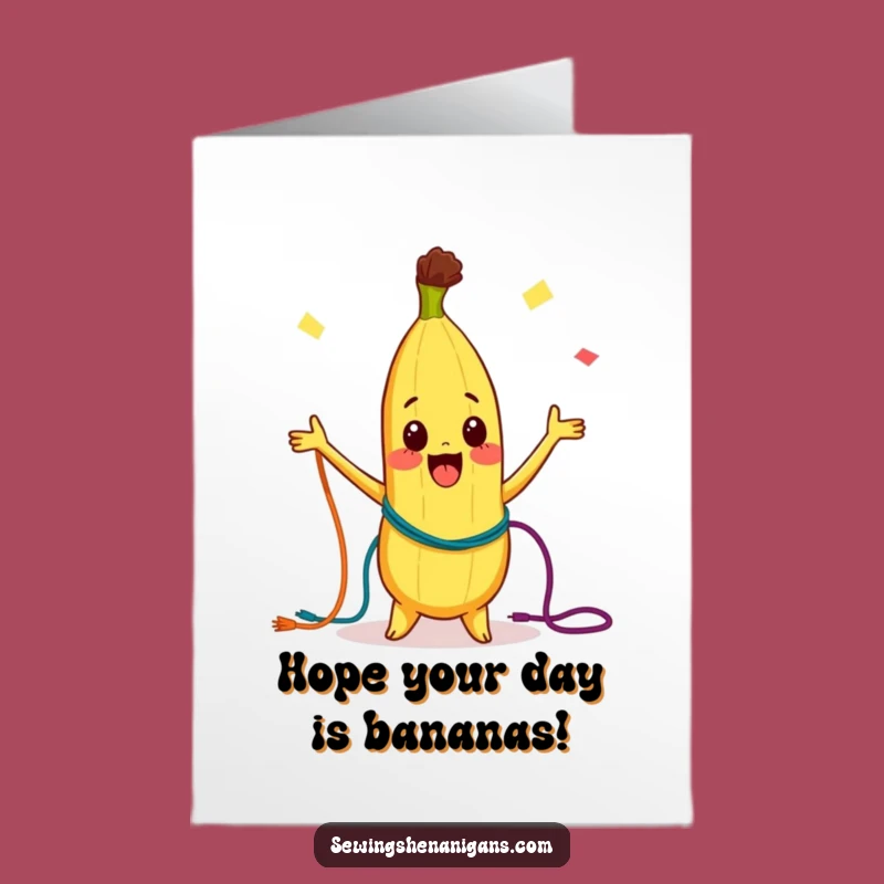 Free Printable Birthday Card: Banana's Juggling Fun! Hilarious Downloadable Gift for a Fruity Celebration.