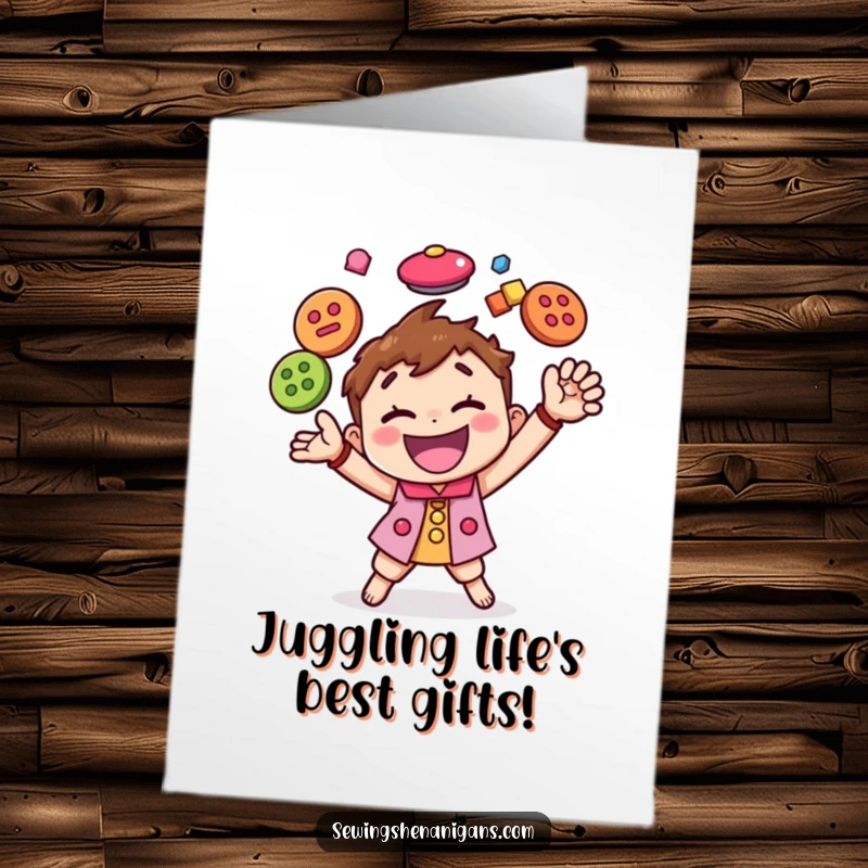 Funny Free Printable Birthday Card: Happy character energetically juggling colorful buttons with a vibrant, joyful motion.