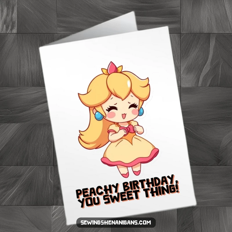 Funny Free Printable Peach Birthday Card with a playful peach character trying on a tiny, cute dress.
