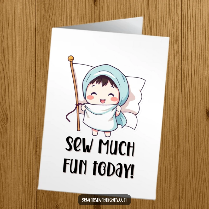 Funny Free Printable Birthday Card: Cheerful character stitches a happy smiley face onto a waving flag, ready to celebrate.