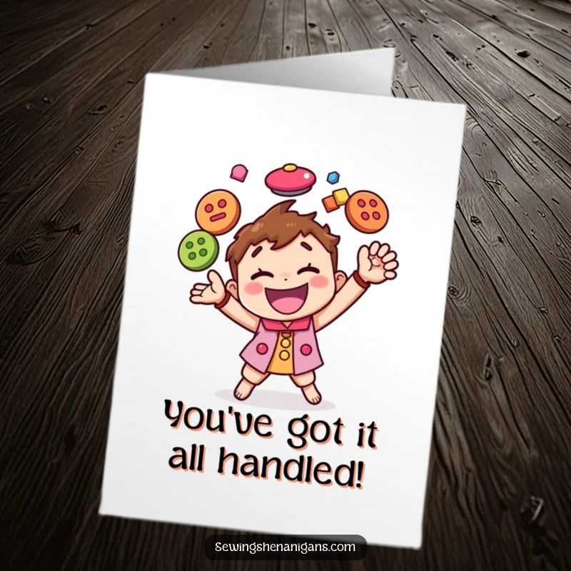 Funny Free Printable Congrats Card: Happy character energetically juggling multiple colorful buttons, symbolizing skill and celebration.