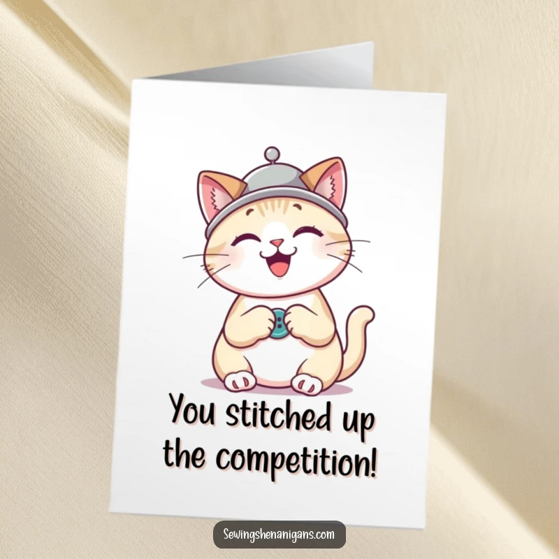 Funny Free Printable Congrats Card: Happy cat with a thimble hat, enthusiastically sewing a button, celebrating accomplishment.