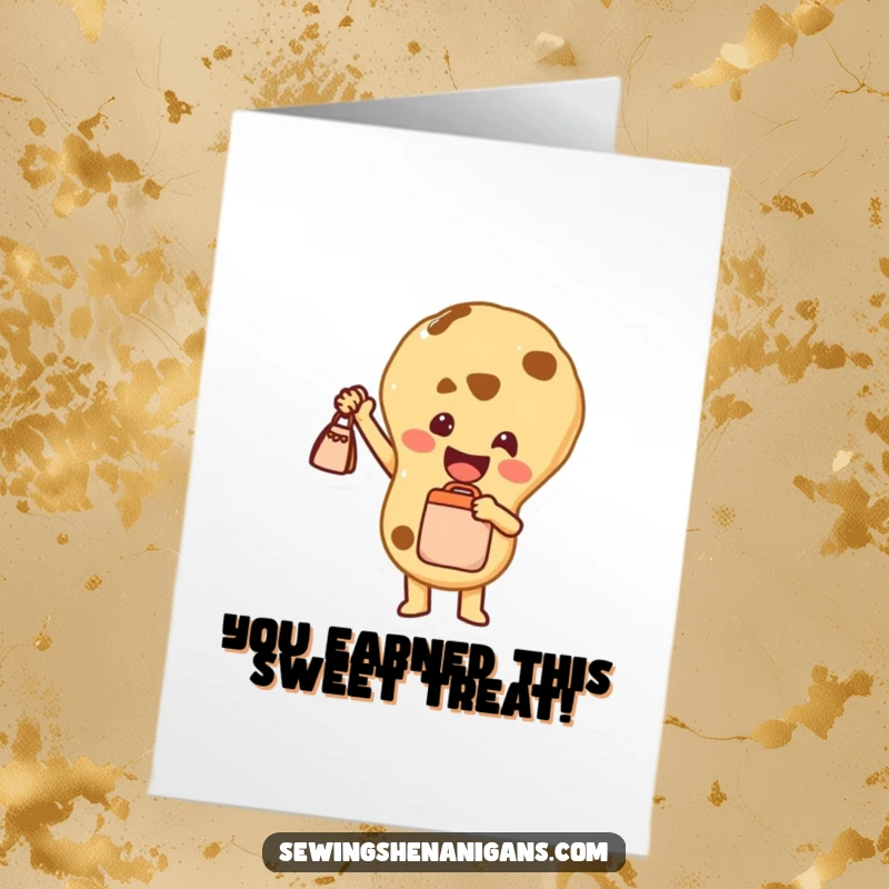 Funny Free Printable Congrats Card: A joyful Cookie character proudly holding up a tiny bag, celebrating an achievement.