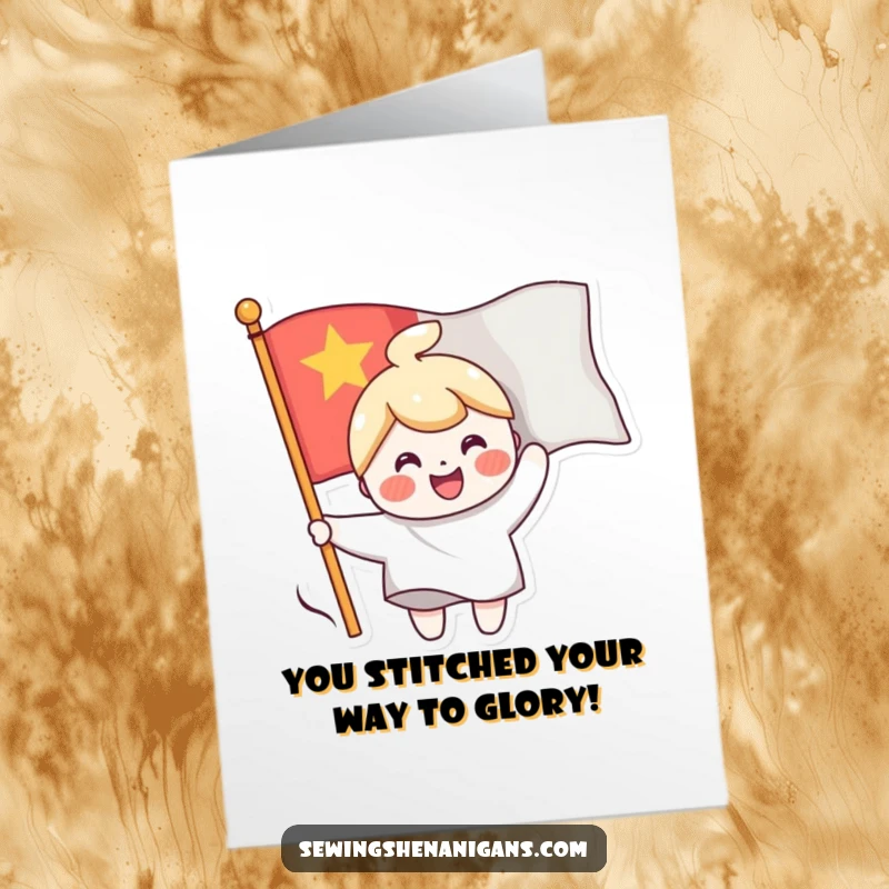Funny Free Printable Congrats Card: Cheerful character sewing a smiling face onto a waving flag, symbolizing victory and joy.