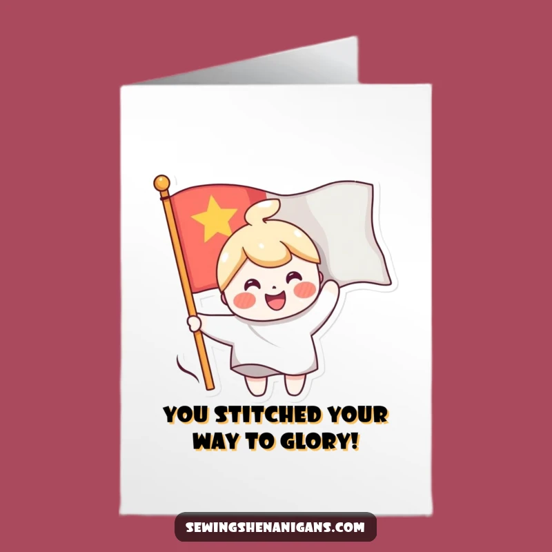 Free Printable Congrats Card: Flag Sewing Character, Celebratory Downloadable Gift
