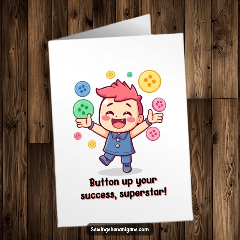 Funny Free Printable Congratulations Card: Cheerful character energetically juggles an explosion of colorful buttons, celebrating success.