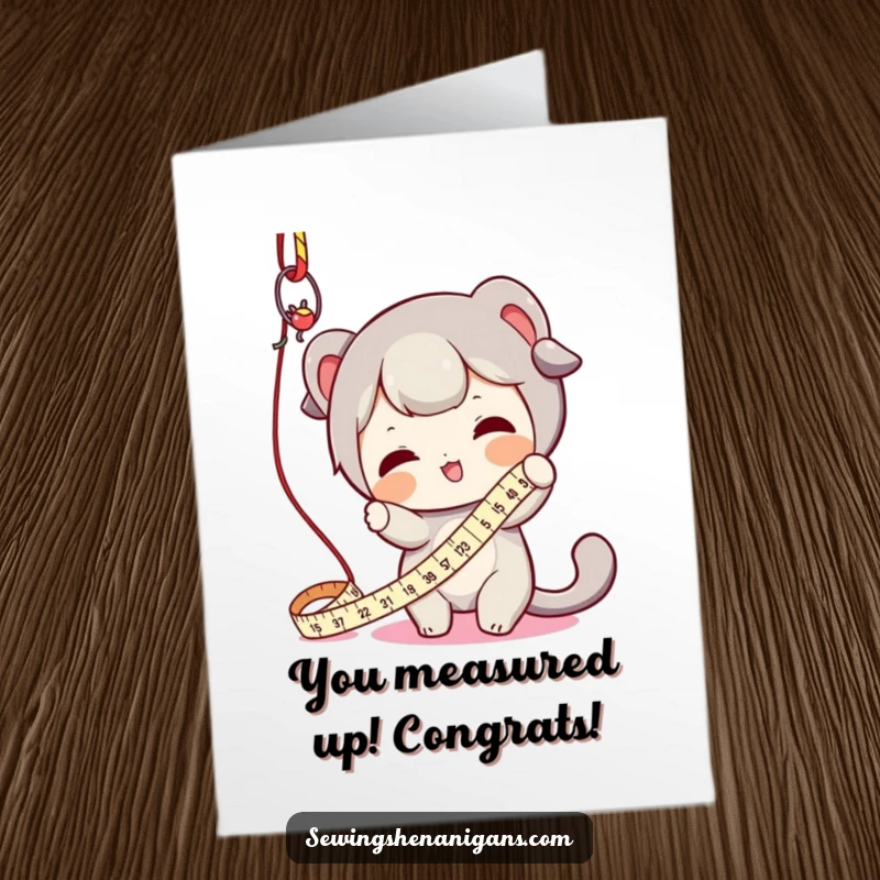 Funny Free Printable Congratulations Card: Character batting a measuring tape, symbolizing achievement, great for DIY cards.