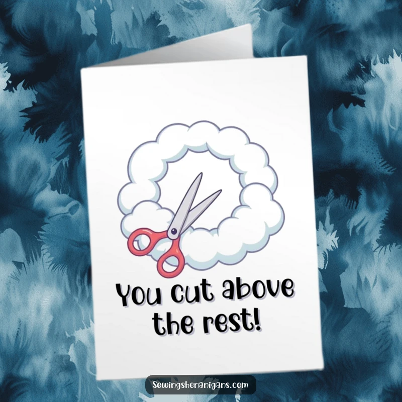 Funny Free Printable Congrats Card: A pair of scissors aims to cut a perfectly round hole in a whimsical cloud, celebrating achievement.