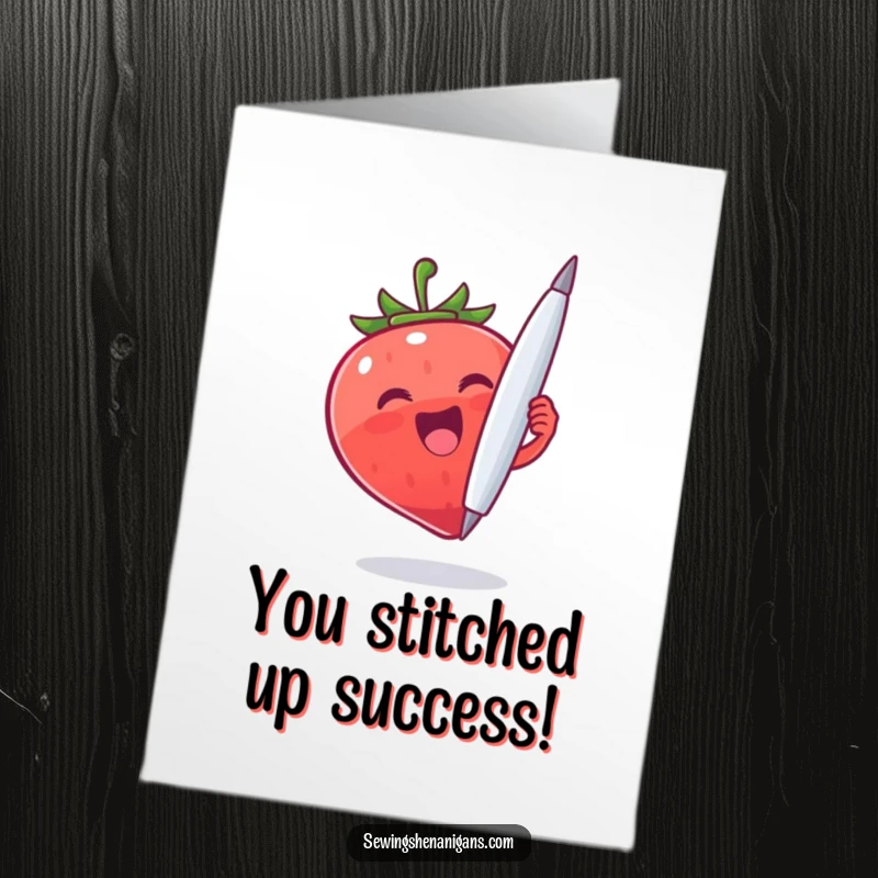 Funny Free Printable Strawberry Congratulations Card with a cheerful strawberry character holding a large needle.