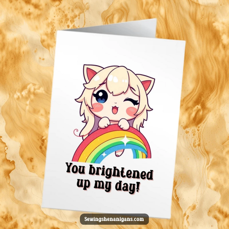 Funny Free Printable Congrats Card: A character happily stitching a luminous rainbow with a dazzling, glowing thread to celebrate success.