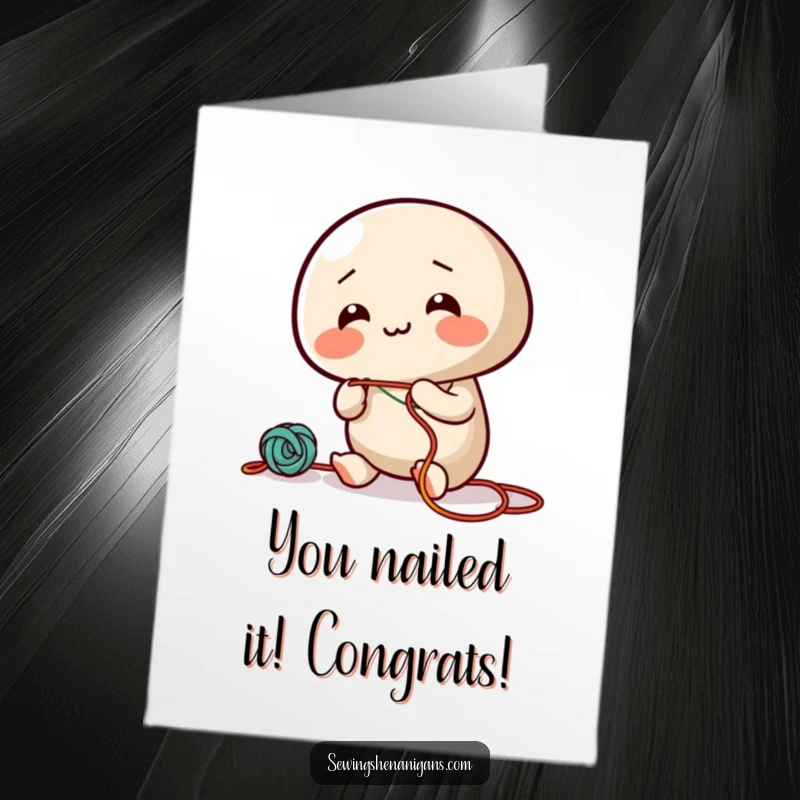 Funny Free Printable Congratulations Card: a cheerful needle character enthusiastically threading string, symbolizing success and new beginnings.