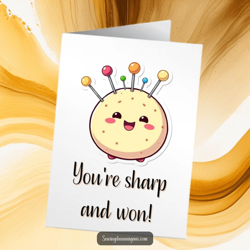 Funny Free Printable Congrats Card: Beaming pincushion character with colorful pins, celebrating a successful accomplishment with a playful vibe.