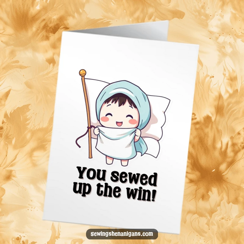 Funny Free Printable Congratulations Card: A happy character sews a smiling face onto a waving flag, celebrating an achievement.