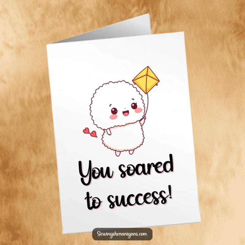 Funny Free Printable Congrats Card: A joyful pincushion flies a fluffy fabric scrap like a kite, celebrating achievements.