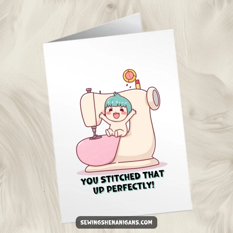 Funny Free Printable Congrats Card: A cheerful Kawaii character seated on a giant sewing machine, enthusiastically bouncing a ball.