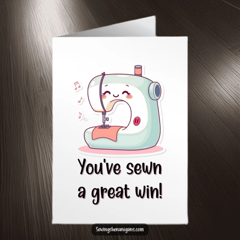 Funny Free Printable Congrats Card: Playful sewing machine humming and stitching, celebrating a successful milestone with creative energy.