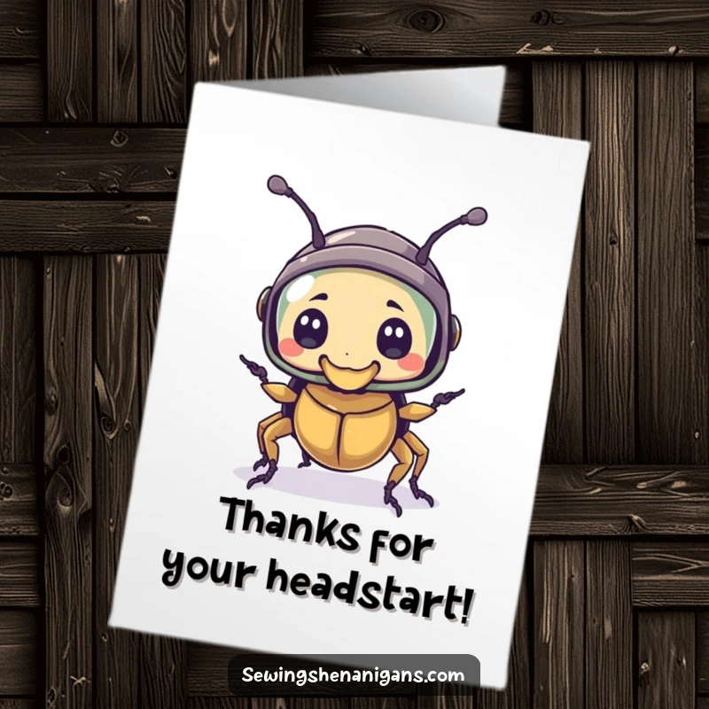Funny Free Printable Thank You Card: A bewildered beetle wearing a thimble as a tiny helmet, offering a sweet and funny thank you message.