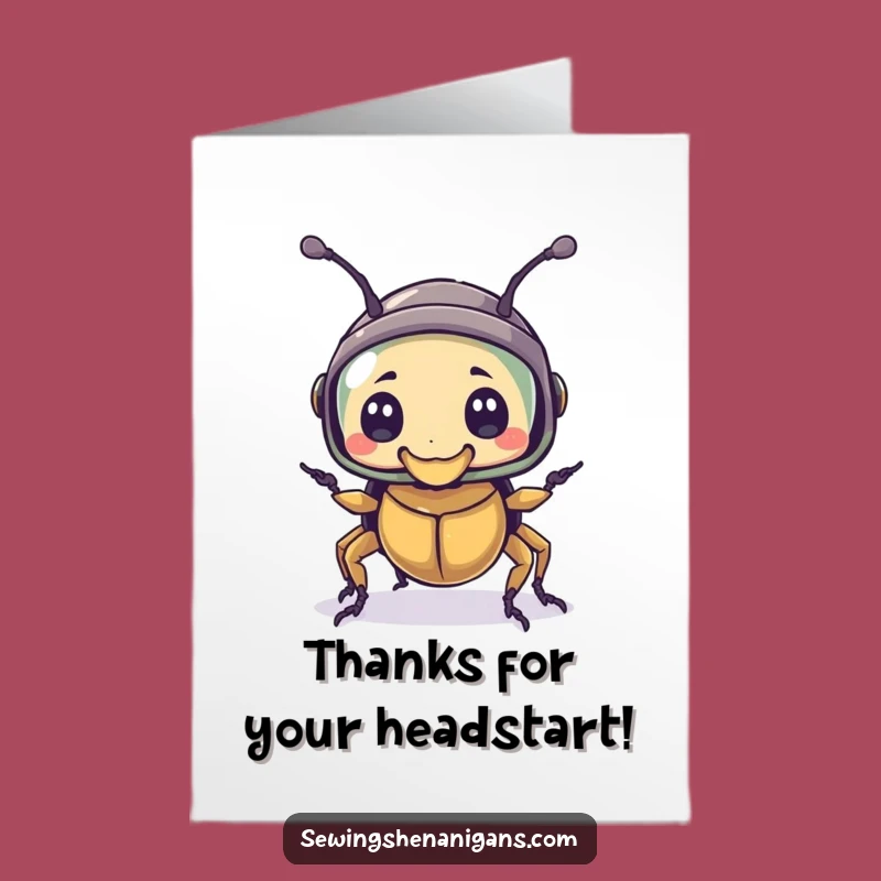 Express thanks with a charming touch! This free printable card features a beetle with a thimble-helmet, ready to print at home.