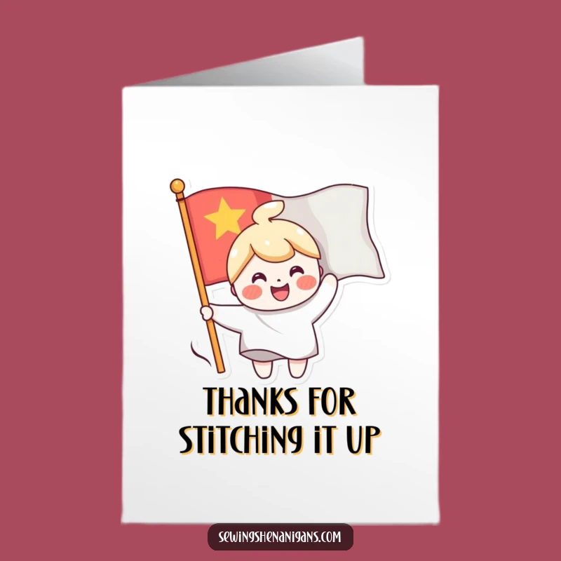 Free Printable Thank You Card: Flag Sewing Character, Grateful Downloadable Gift