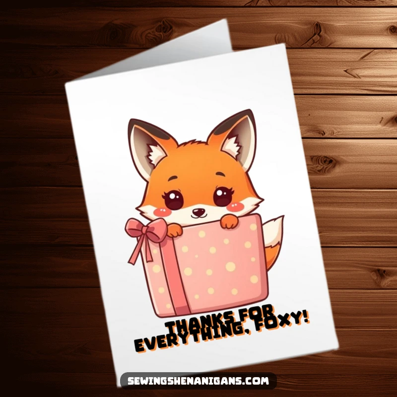 Funny Free Printable Thank You Card: A cute kawaii fox peeking from behind a present, saying thanks.
