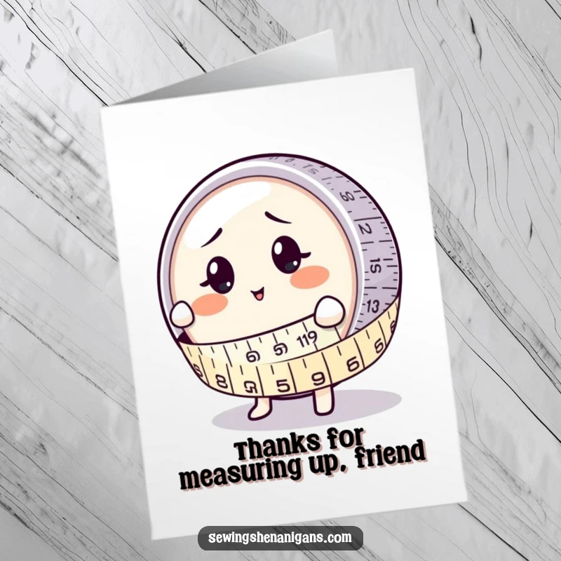 Funny Free Printable Thank You Card: Measuring tape character embracing a button, expressing thanks with humor.