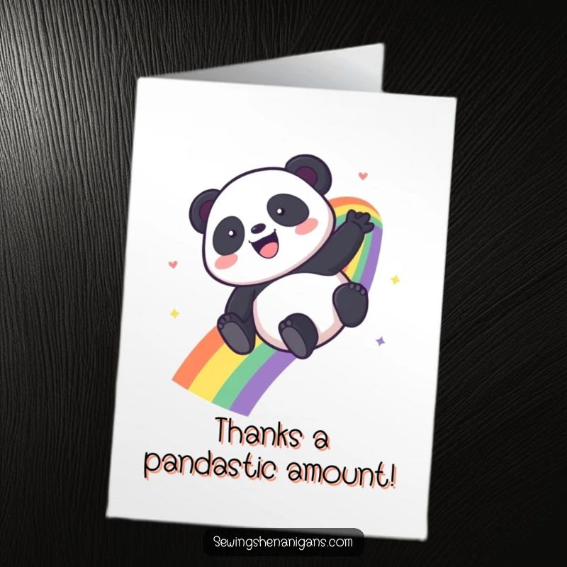 Funny Free Printable Thank You Card with a kawaii panda descending a rainbow, conveying joyful thanks.