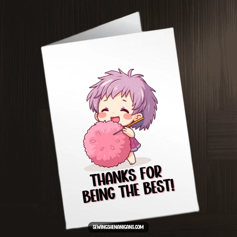 Funny Free Printable Thank You Card: A happy character playfully pokes a large, fuzzy pom-pom with a sewing needle, conveying thanks.