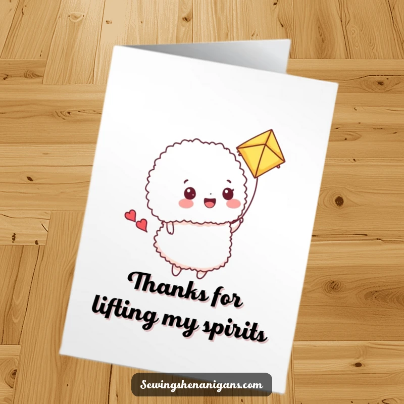 Funny Free Printable Thank You Card: A happy pincushion uses a fabric scrap as a kite, a unique and cheerful way to say thanks.
