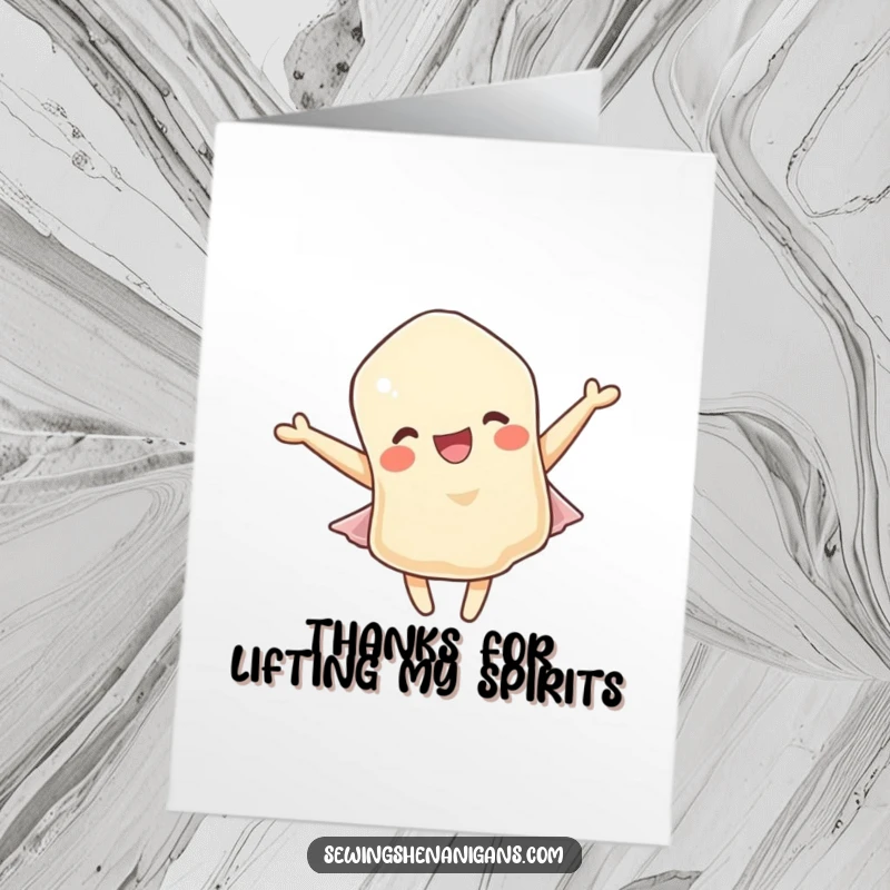 Funny Free Printable Thank You Card with a happy fabric scrap character fluttering gently, conveying heartfelt appreciation.