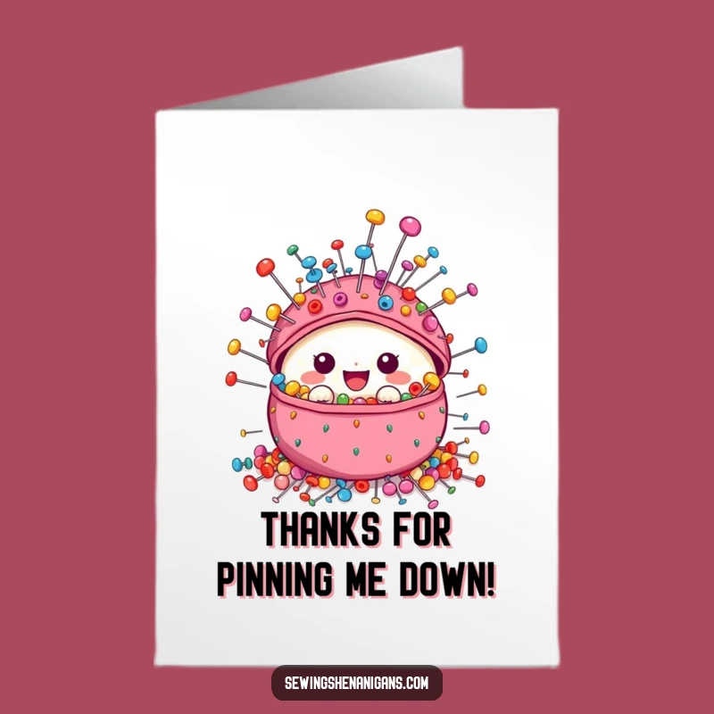 Free Printable Thank You Card: Pincushion Character Expresses Gratitude with a Pin-tastic Flair