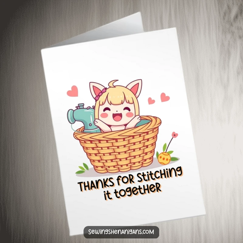 Funny Free Printable Thank You Card: Character joyfully popping out of a sewing basket, a thankful surprise.