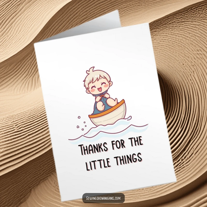 Funny Free Printable Thank You Card: Giggling character on a thimble boat, expressing thanks with nautical charm.
