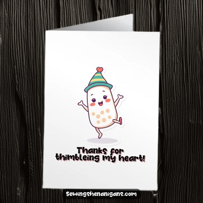 Funny Free Printable Thank You Card: Happy thimble character in a tiny hat performing a cartwheel, showing thanks, a DIY gift.
