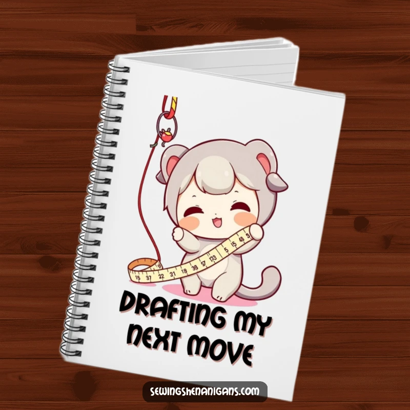 Funny notebook with a character playfully batting at a dangling measuring tape, perfect for jotting down creative ideas and project plans.