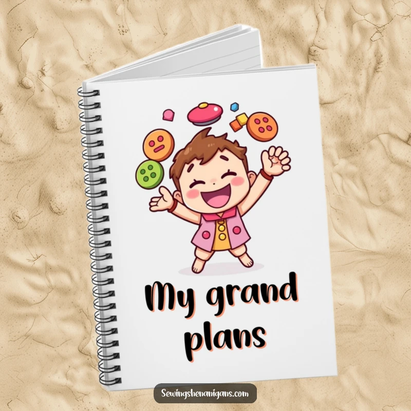 Funny notebook with a happy character juggling colorful buttons, perfect for storing notes and creative brainstorming with humor.