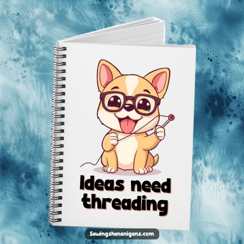 Funny dog wearing glasses, struggling to thread a giant needle, a cute and humorous notebook for jotting ideas.