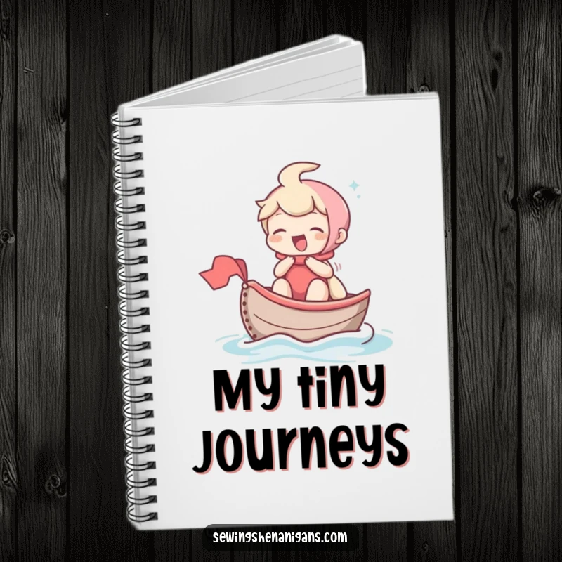 Funny notebook cover with a giggling character sailing a thimble boat, ideal for jotting down ideas with a touch of playful adventure.