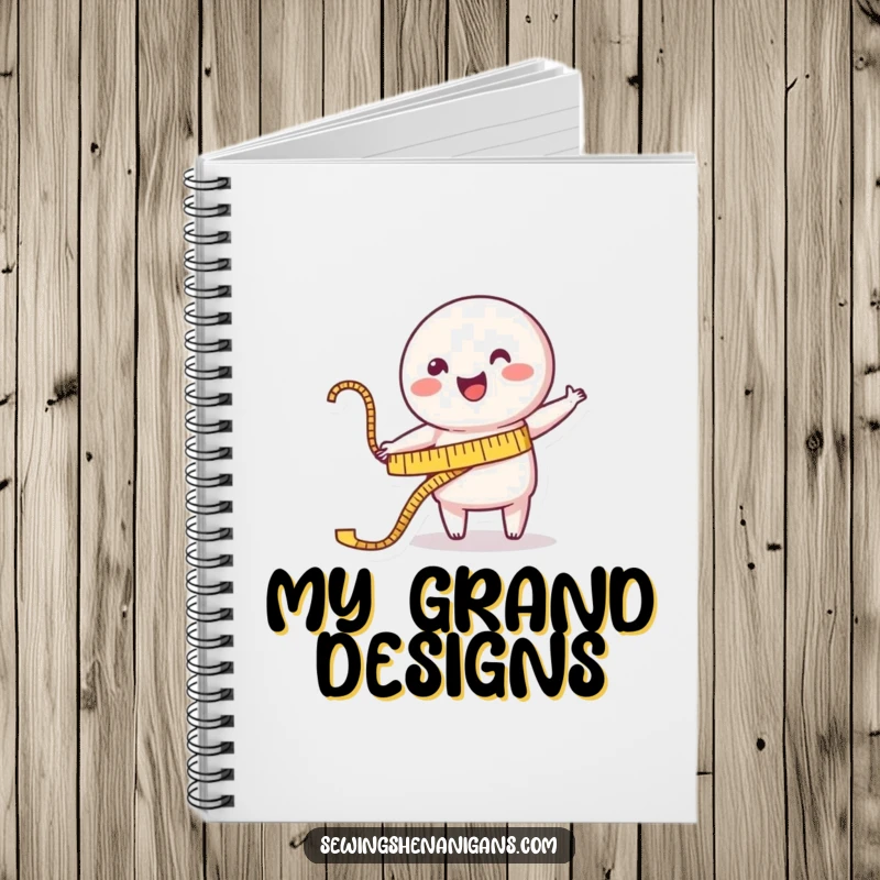 Funny Notebook: A happy measuring tape character cheerfully stretches towards a garment, ideal for recording sewing measurements.