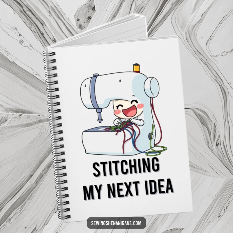 Funny sewing machine notebook with a delighted character stitching, perfect for jotting notes and as a creative funny gift.