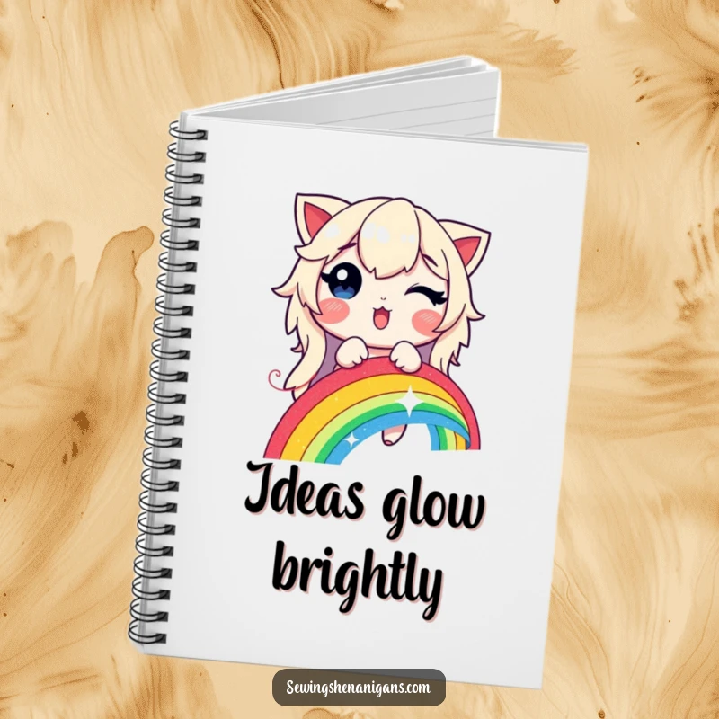 Funny, lined notebook featuring a delighted character stitching a vibrant rainbow with a glowing, shimmering thread.