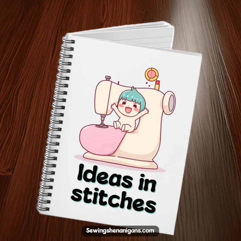 Funny, lined notebook featuring a kawaii character joyfully bouncing a ball on a massive sewing machine.