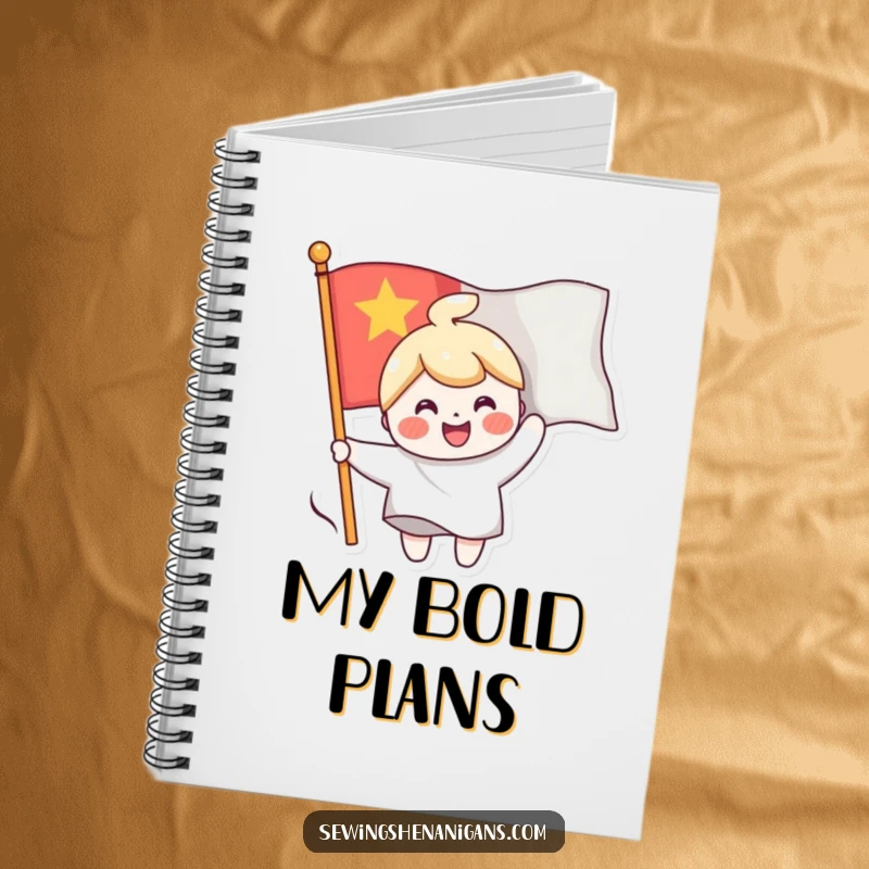 Funny notebook with a cheerful character sewing a smiling face onto a waving flag, perfect for notes and cheerful brainstorming.