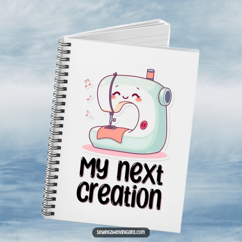Funny notebook with a playful sewing machine character happily stitching and humming, encouraging users to write down their creative ideas.