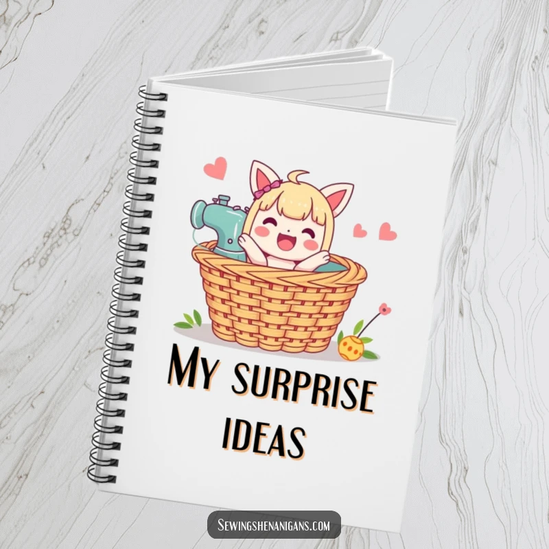 Funny Sewing Basket Notebook: A character pops from a sewing basket, perfect for capturing creative ideas.
