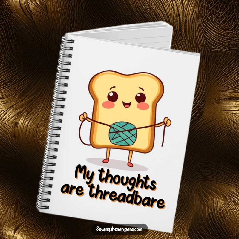 Funny Notebook cover showing a smiling toast character energetically skipping rope using a thread spool, promoting fun note-taking and journaling.