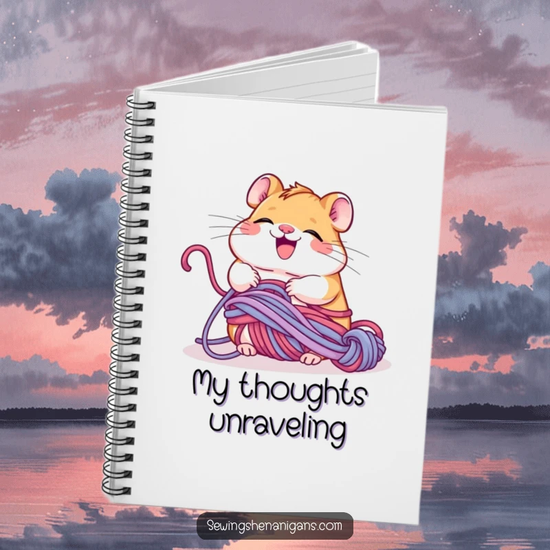 Funny giggling hamster tangled in yarn, happily unravelling it, a cute and humorous notebook for jotting ideas.