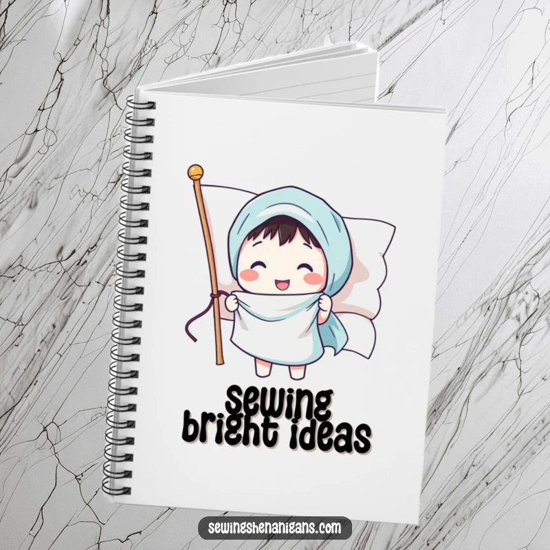 Funny notebook with a cheerful character sewing a smiling face onto a waving flag, great for notes and sketches.